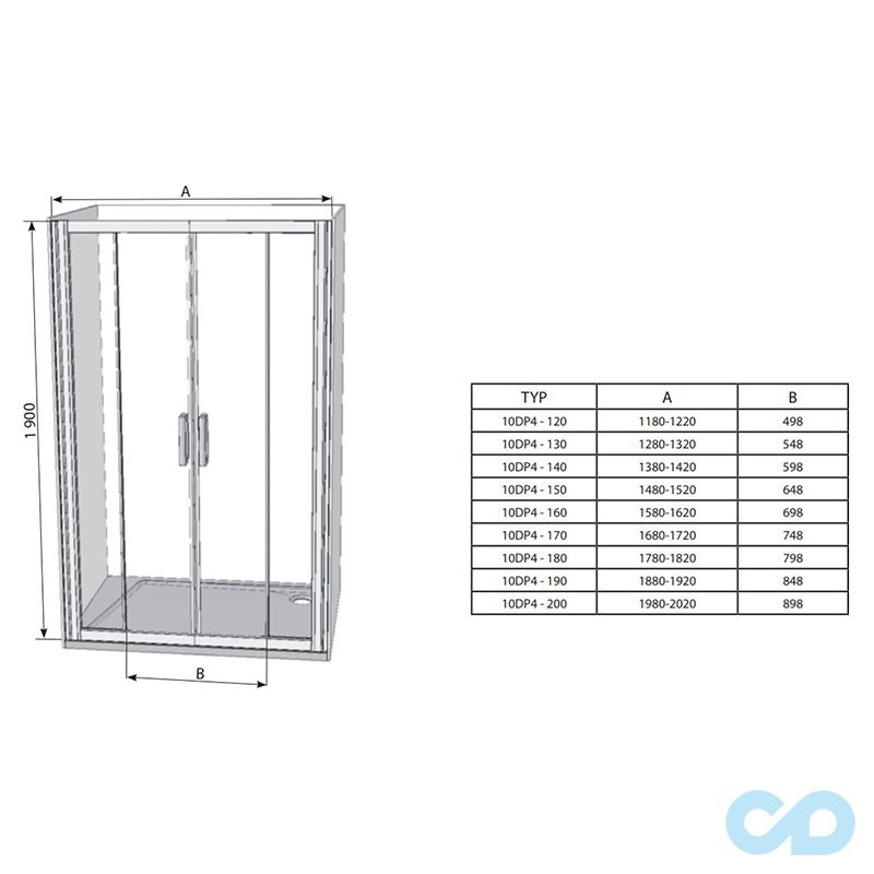 чертеж Душевые двери Ravak 10° 10DP4-130 0ZKJ0100Z1 белый + transparent 