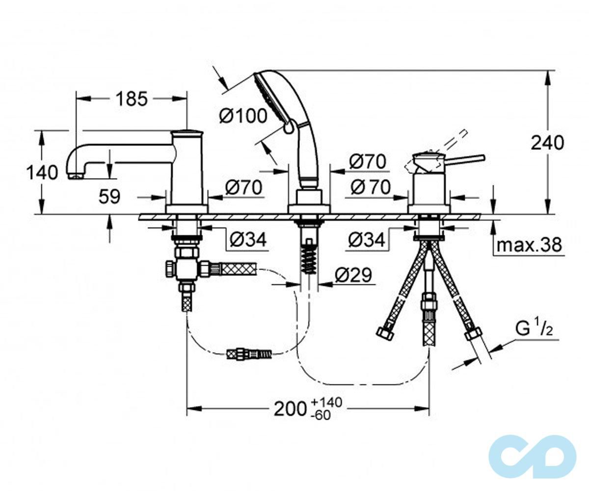 чертеж Смеситель на борт ванны Grohe Bau Classic 2511800A