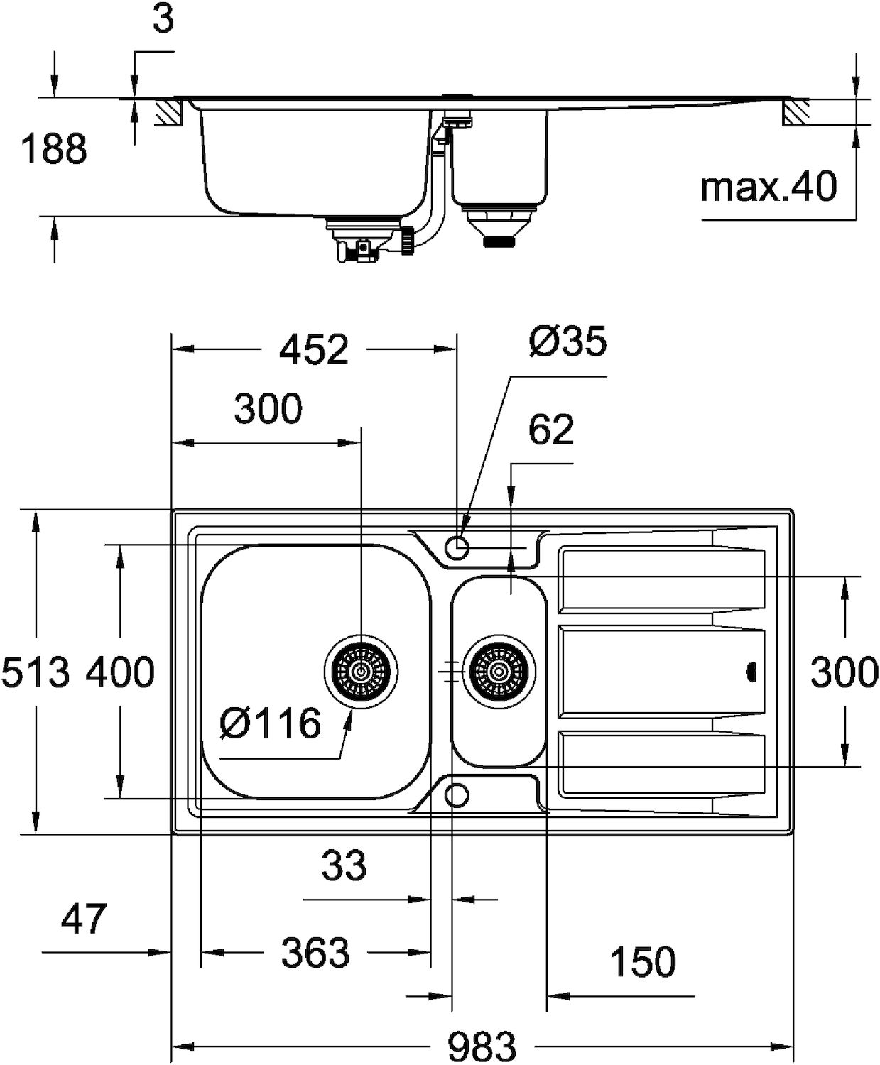 чертеж Кухонная мойка Grohe K400 31569SD0